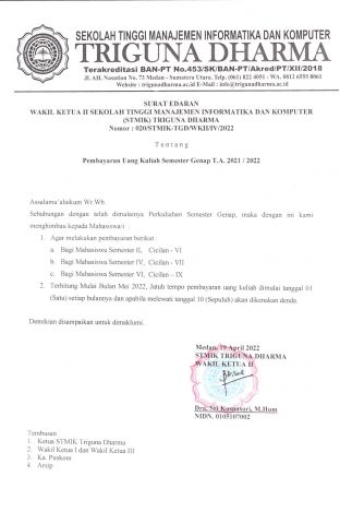 Surat Edaran Pembayaran Uang Kuliah Semester Genap T.A. 2021/2022