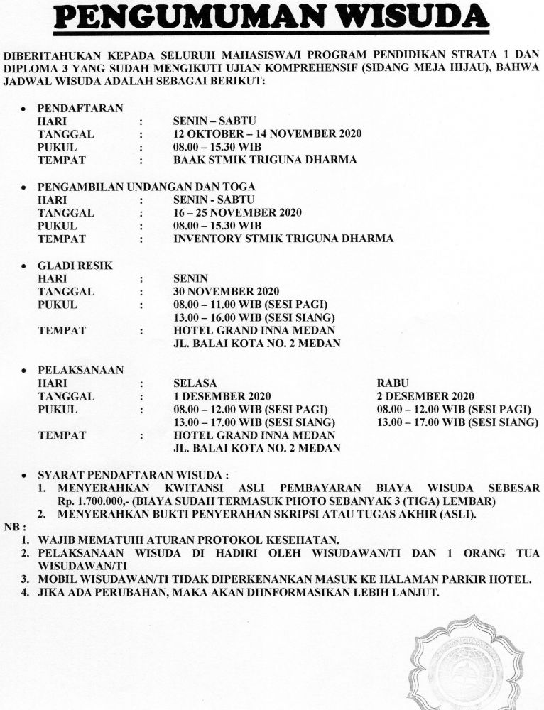 Stmik Triguna Dharma Pengumuman Pendaftaran Wisuda 4 Tahun 2020 Update