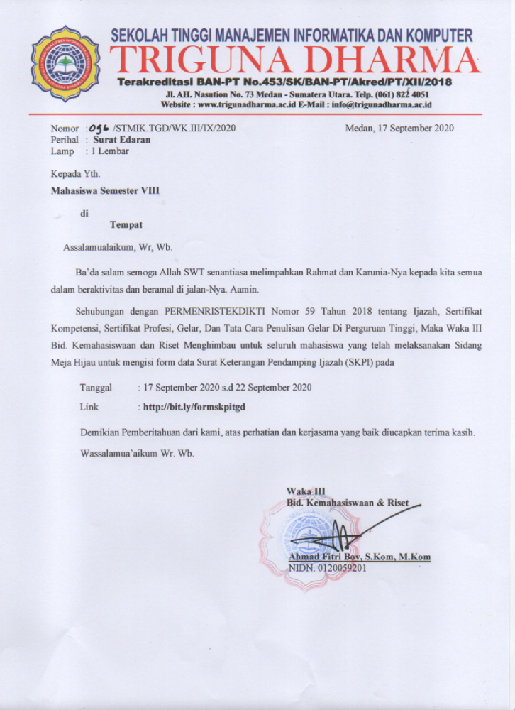 STMIK TRIGUNA DHARMA - Himbauan Pengisian Form Data Surat Keterangan